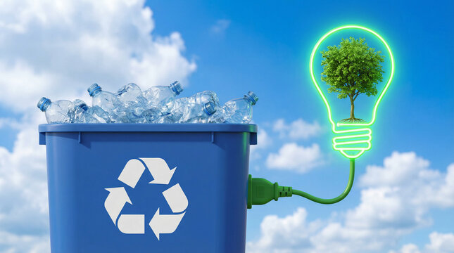 Waste to Energy Concept Blue Recycling Bin with Plastic Bottles Powering Green Tree Lightbulb via Electric Plug