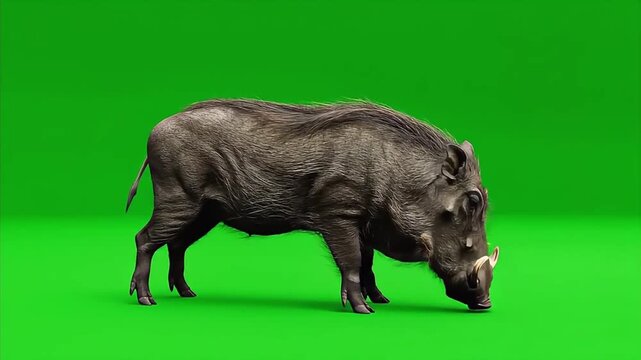 Wild African Warthog Walking and Standing on Green Screen.