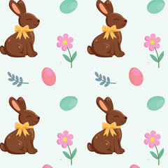 Chocolate Easter Bunny Seamless Pattern with Pastel Eggs