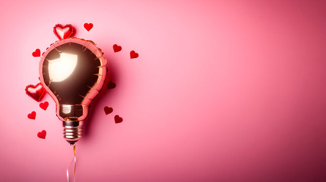 Composici&oacute;n rom&aacute;ntica minimalista con globos decorativos dorados y rojos sobre fondo rosa pastel. Estilo elegante y festivo con confeti en forma de corazones y amplio espacio para texto.