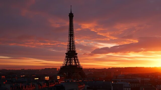 Eiffel Tower Sunset Silhouette Orange Sky Over Paris Cityscape