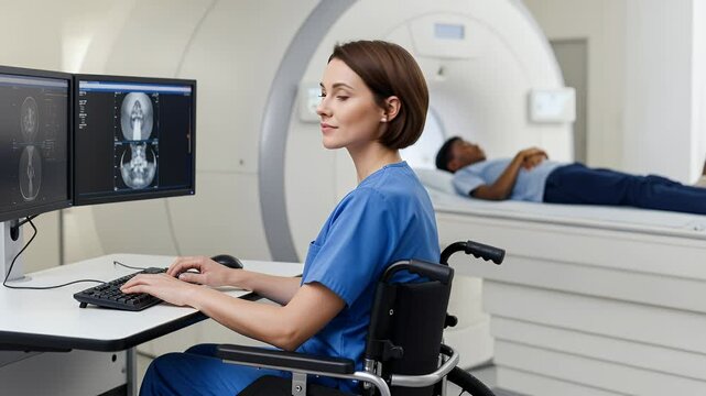 Radiology technician in wheelchair reviewing medical scans while young child lying on table moves into MRI scan machine in the background, undergoing magnetic resonance imaging procedure