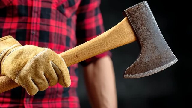 Holding an axe in a flannel shirt, a person prepares for cutting wood in a workshop