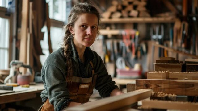 Video A woman works in a woodworking shop, surrounded by tools and wood pieces