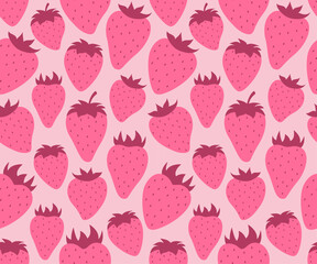 Seamless Strawberry Pattern in Flat Design. Pink Berries Repeating Background. For Textile prints, packaging, wallpapers, wrapping paper, stationery, summer food design, and kids branding. 