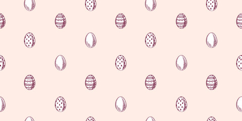 Vintage Easter hand drawn seamless pattern with eggs. Spring holiday design. Retro sketch vector isolated illustration.