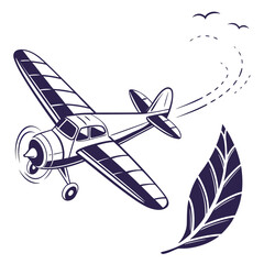 Purple airplane flying beside floating leaf symbol with birds