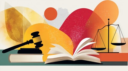 Illustration of a gavel, scales of justice, and an open book with vibrant abstract shapes, representing legal themes and concepts in a modern design