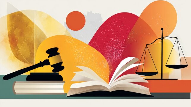 Illustration of a gavel, scales of justice, and an open book with vibrant abstract shapes, representing legal themes and concepts in a modern design