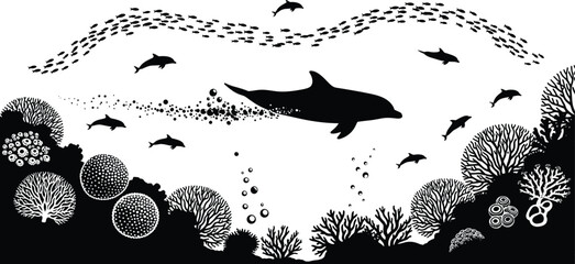 Dolphin swimming underwater with coral reef and fish silhouettes creating marine life scene isolated on white background vector illustration design © World_Of_Vector