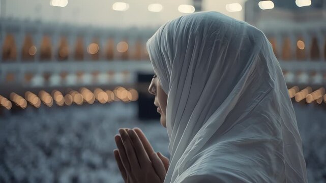 Muslim Woman Praying Near Kaaba Grand Mosque Saudi Arabia Hajj Umrah
