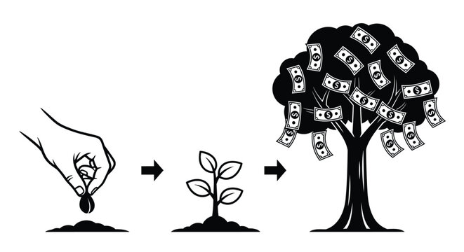 Investment growth concept with hand planting money seed turning into a dollar tree