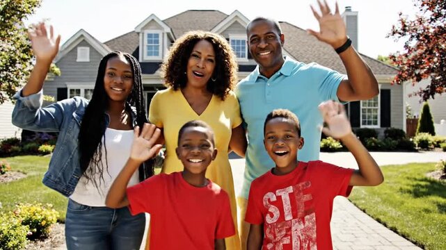 Happy family waving in front of their home