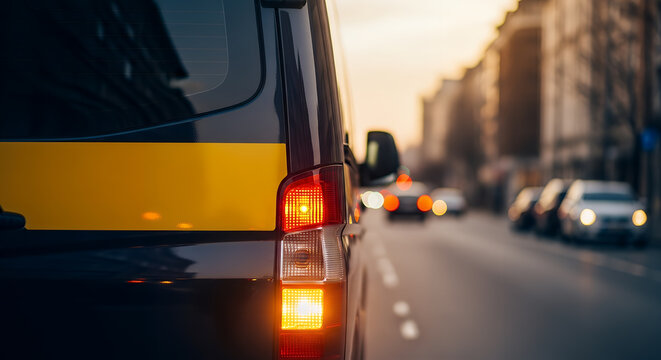 Rear view of a city bus stopping on a busy urban street with brake lights illuminated at dusk