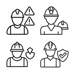Construction Worker Safety Icon Set-Minimal line icons of construction workers with hard hats, safety warnings, tools, and protection symbols, representing workplace safety and industrial labor