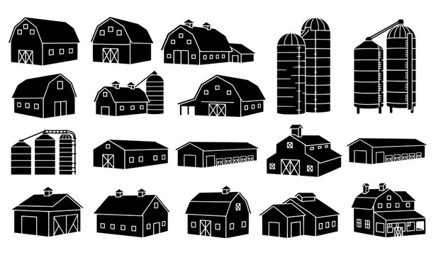 Barn and farm building silhouette vector set rural agriculture