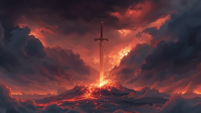 Epic glowing sword emerging from lava under a fiery sky