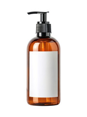 plastic pump bottle with blank white label isolated on a transparent background.