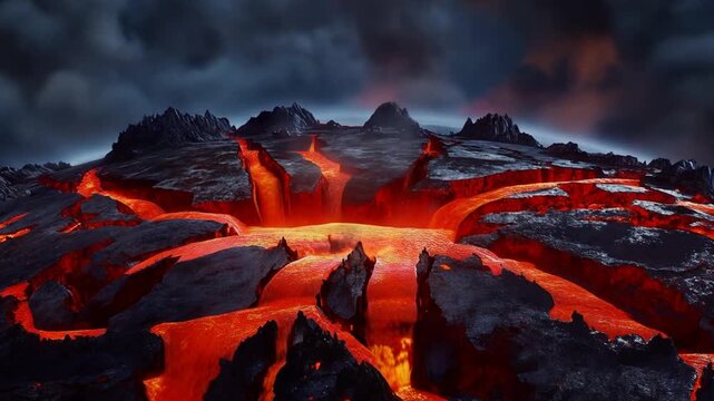 Volcanic eruption on a dark rocky landscape with lava flows and smoke