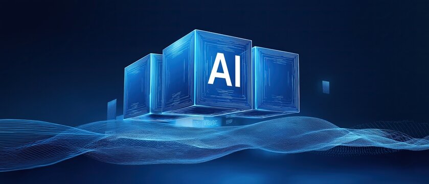 Three blue cubes with AI letters floating in space surrounded by waves and lines on dark artificial intelligence background
