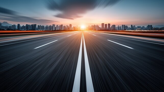 High speed highway with motion blur and city skyline background at sunset featuring light trails on asphalt