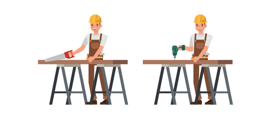 Male carpenter character vector illustration design set.
