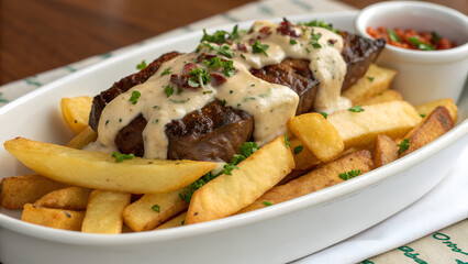 Delicious steak fries topped with creamy sauce and herbs served in a white dish.
