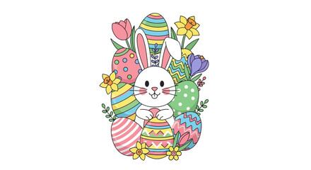 Naklejka premium Charming Easter Bunny Surrounded by Colorful Eggs and Spring Flowers.