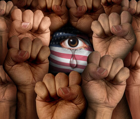 American Social Justice Crisis as United states immigration and Customs Enforcement issues and protest in America or protesting as a protester in the USA Homeland Security concept as the tear of a Uni