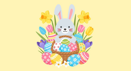 Obraz premium Easter Bunny with Basket of Eggs and Spring Flowers.