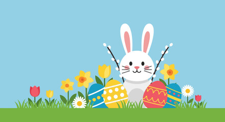 Fototapeta premium Easter Bunny with Eggs and Flowers in a Spring Landscape.