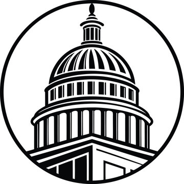 Black and white illustration of the us capitol building in a circle
