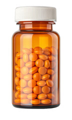 pill bottle with orange capsules isolated on a transparent background.