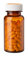 pill bottle with orange capsules isolated on a transparent background.