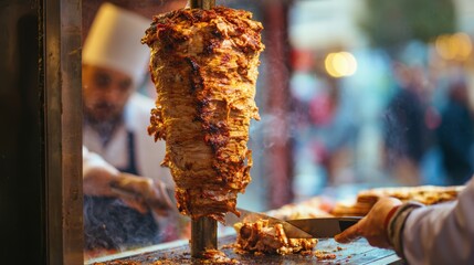 Shawarma Meat Rotating on Vertical Spit