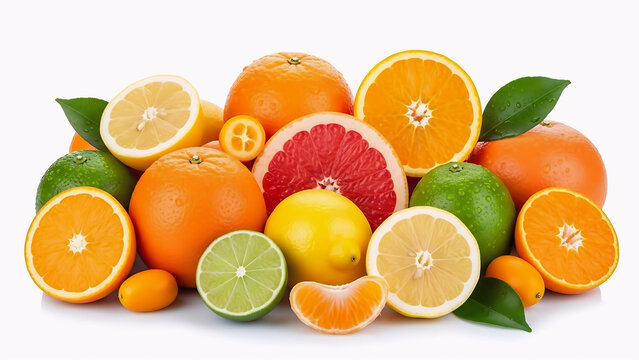 Assorted citrus fruits variety with oranges lemons limes and grapefruit on white background