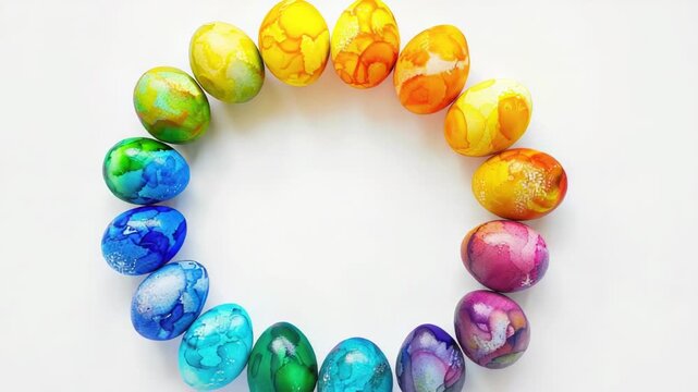 Video A collection of colorful eggs arranged neatly on a white background