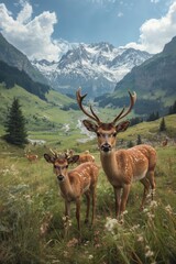 Fototapeta premium A group of young deer graze in a clearing between the mountains