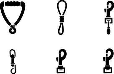 Collection of black silhouette icons representing various leash and strap hardware components