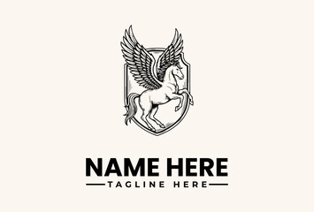 Fototapeta premium Vector illustration of a winged horse logo on a shield with placeholder text on a beige background.