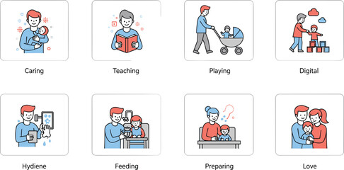 Fototapeta premium Parenting and caregiving concept illustration – cartoon-style icons of love, hygiene, feeding, teaching, and digital interaction in flat vector design