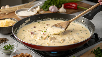 Making creamy Au Gratin sauce
