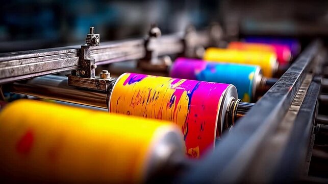 Colorful printing rollers in machine