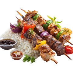 Grilled Skewers with Rice and Sauces