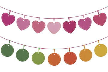 Colorful heart and circle garland with pink hearts and green, orange, yellow circles on strings for decoration