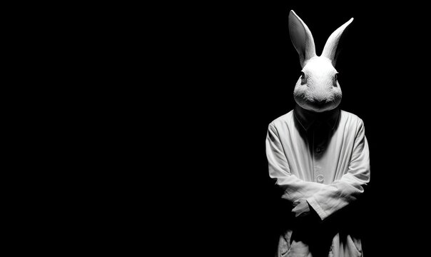 A man in a white shirt and black pants is standing in front of a black background.