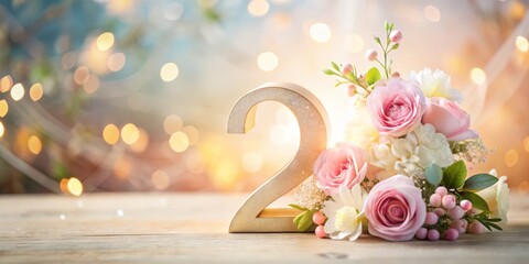 Floral Number 2 With Roses And Spring Flowers On Soft Bokeh Background, Elegant Anniversary And Birthday Concept, Copy Space For Greeting Card, Wedding Design, Marketing And Seasonal Promotion