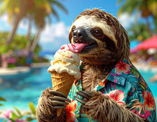 Obraz premium Faultier im Hawaihemd leckt am Eis