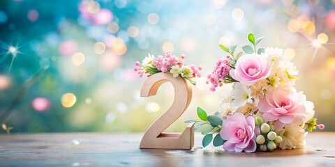 Floral Number 2 With Roses And Spring Flowers On Soft Bokeh Background, Elegant Anniversary And Birthday Concept, Copy Space For Greeting Card, Wedding Design, Marketing And Seasonal Promotion
