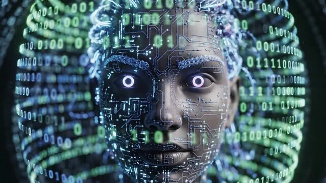 Futuristic digital face with circuits and binary code